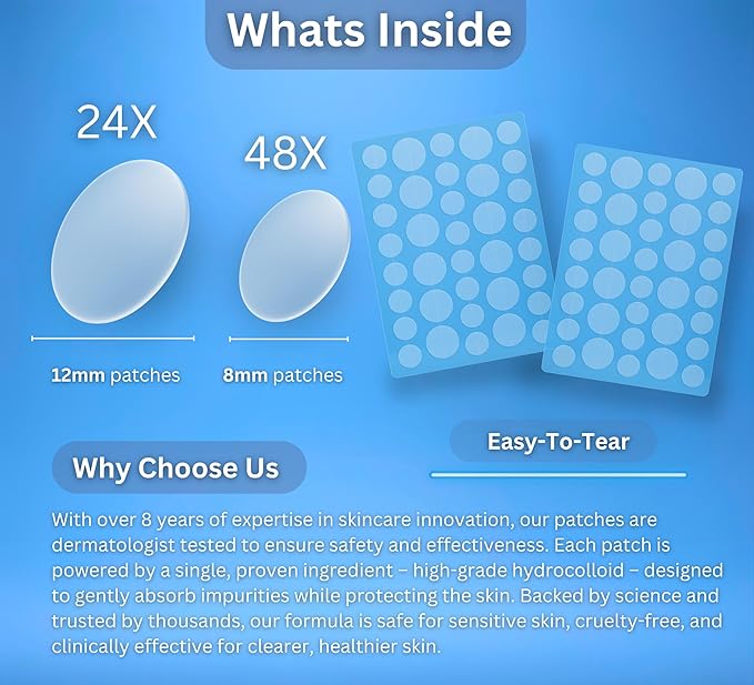 CLEARI Pimple Patches, Invisible 2MM Covers for All Skin Types, Dermatologist Tested,Pore Cleansing, Day & Night, 2 Sizes, 72 Thin Acne Patches for Face and Skin