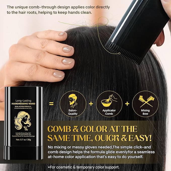 Hair Color Stick, 2 in 1 Instant Dye, Hair Dye Stick, Safe Portable Color Touch-Up Hair Sticks, Cover Gray Hair Color Correction Sticks for Women & Men, Waterproof and Sweat-Proof, 2Pack (Black)