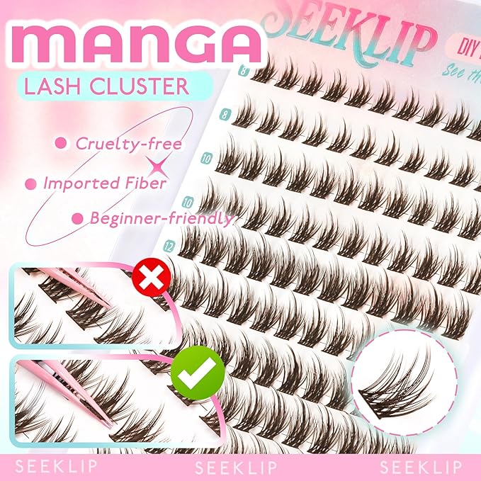 Lash Clusters Spiky Brown Manga Lash Clusters Looks Like Eyelash Extensions 144Pcs 8-16MM C Curl Doll Anime Cluser Lashes Thin Band Soft Doe Eyed Individual Lashes (Lavender-Brown)