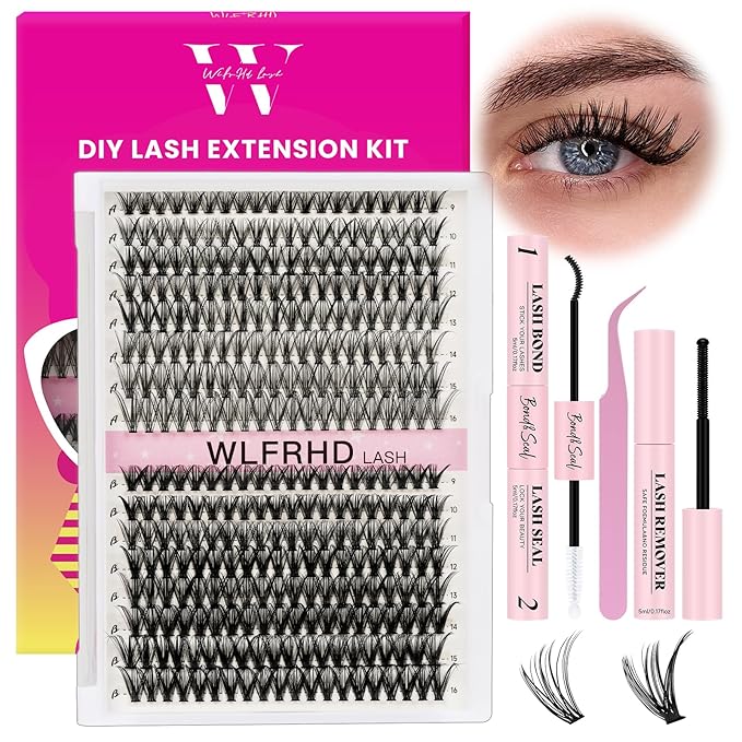 Lash Clusters Kit 320 Pcs D Curl DIY Natural Wispy Lashes Eyelashes Clusters Eyelash Extension Kit with Eyelash Bond and Seal, Remover & Tweezers (30D+40D, Mix9-16mm Kit)