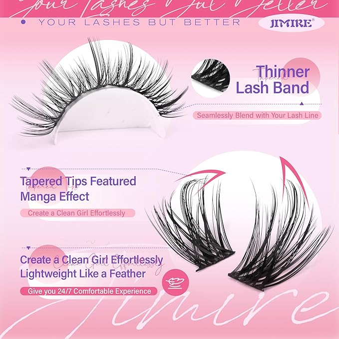 JIMIRE Lash Clusters Wispy Lash Extension Natural Eyelash Clusters 8-18MM D Curly Fluffy Cluster Eyelash Extensions with Bottom Lash Clusters 172Pcs Individual Cluster Lashes DIY at Home