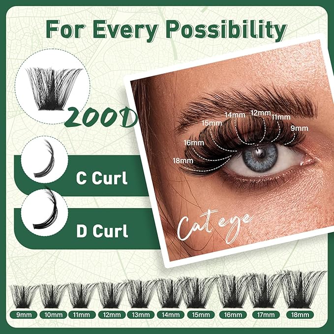 Lash Clusters 182Pcs Eyelash Clusters KEYYOU 200D D Curl 9-18MIX Clusters Lashes Thick Super Soft Wispy DIY Eyelash Extension at Home(200D-D,9-18MIX)