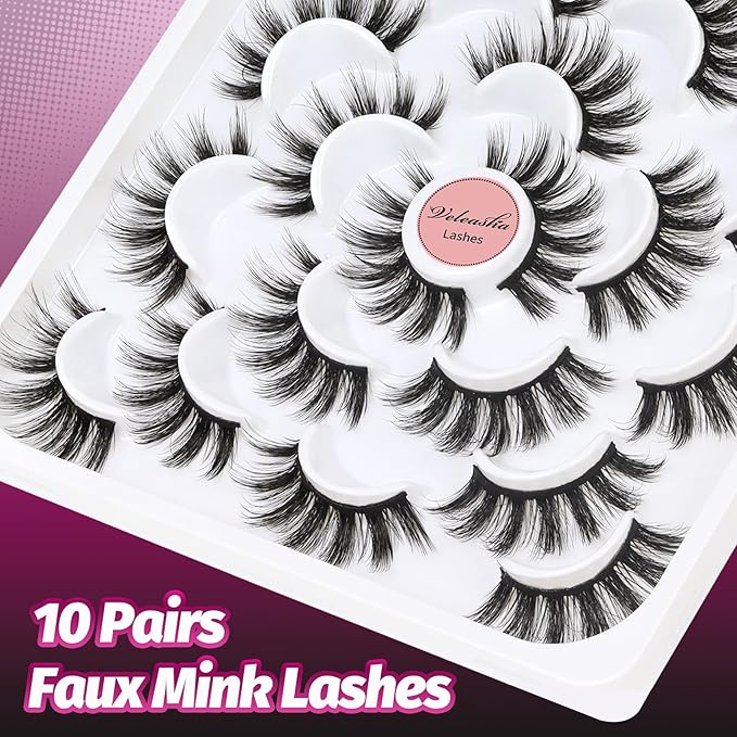 Veleasha Lashes 10 Pairs Natural Fluffy False Eyelashes Soft Wispy Lashes 3D Faux Mink Lashes Pack (V07)