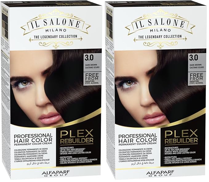 Il Salone Milano Plex Rebuilder Permanent Hair Color Cream - 3.0 Dark Brown Professional Hair Dye Kit for a Natural Gloss & Glaze - Paraffin, Paraben, and Alcohol Free (Pack of 2)