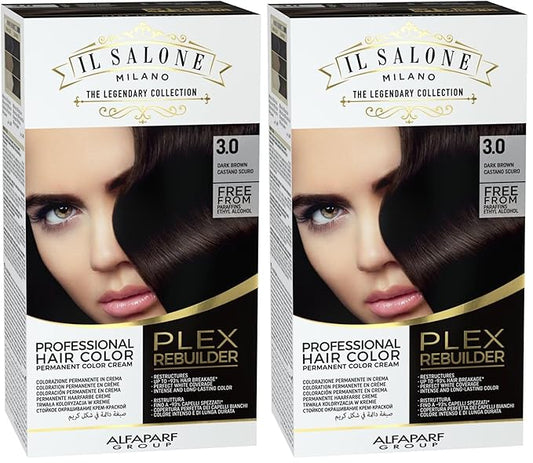 Il Salone Milano Plex Rebuilder Permanent Hair Color Cream - 3.0 Dark Brown Professional Hair Dye Kit for a Natural Gloss & Glaze - Paraffin, Paraben, and Alcohol Free (Pack of 2)