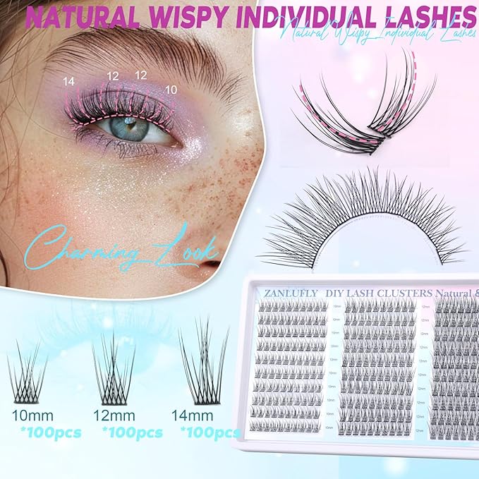 Lash Clusters Wispy Eyelash Clusters C-Curly Individual Lashes zanlufly Natural 300Pcs Cluster Lashes Eyelash Extension 10 12 14MM DIY Lash Extension