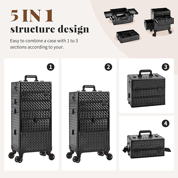 AROUS Rolling Makeup Train Case with 3 Drawers, Cosmetology Case on Wheels Nail Trolley Cart Salon Station Organizer Cases for Nail Tech, Face Painting,Hairstylist, Makeup Artist, Black