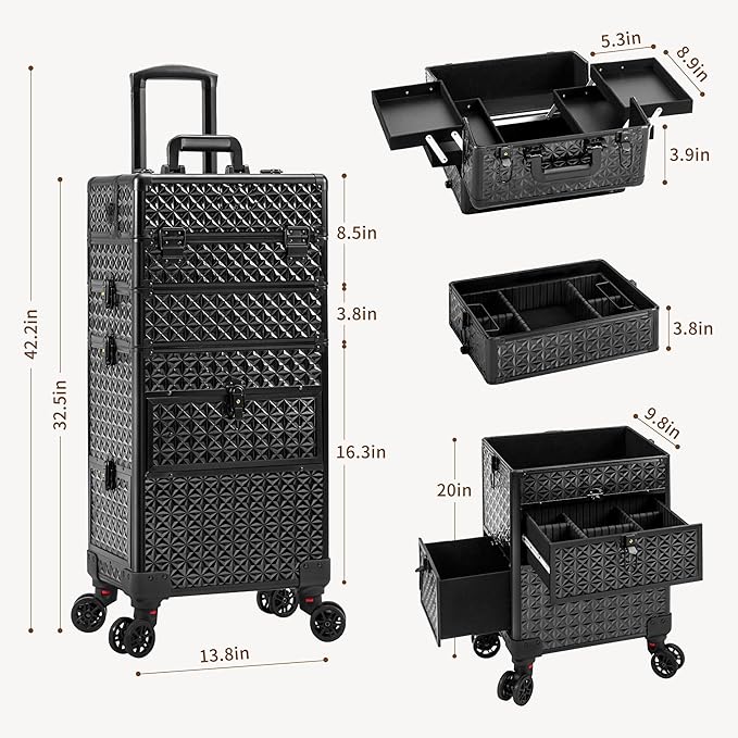 AROUS Rolling Makeup Train Case with 3 Drawers, Cosmetology Case on Wheels Nail Trolley Cart Salon Station Organizer Cases for Nail Tech, Face Painting,Hairstylist, Makeup Artist, Black