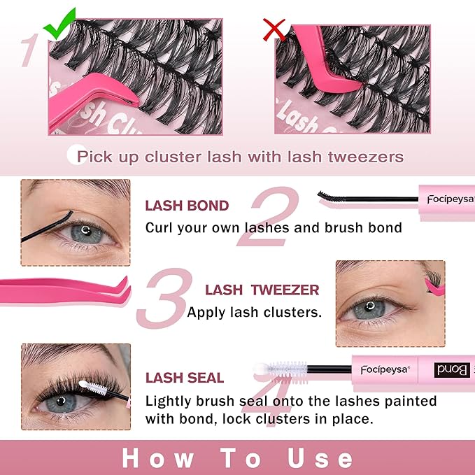 Focipeysa Wispy Lash Clusters 360pcs Eyelash Extension 30D 40D 50D Individual Lashes 9-16mm Mixed Eyelash Clusters Natural Lash Extensions with Lash Bond and Seal and Tweezers DIY Cluster Eyelashes