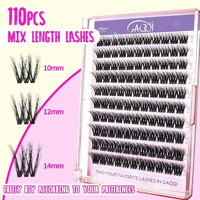 GAQQI Lash Clusters Kit, DIY Lash Extensions Kit 10-14mm Cluster Lashes, Wispy Eyelash Clusters with Lash Bond and Seal+Lash Tweezer+Remover+110pcs Thin Band Individual Lashes (3D-GQ08-KIT)