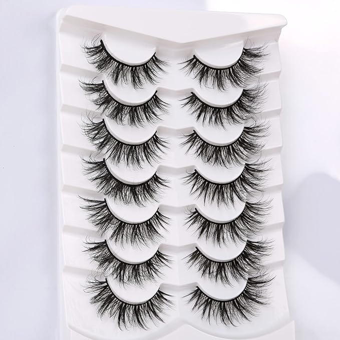 Pooplunch False Eyelashes Wispy Mink Lashes Cat Eye Natural Crossed Cluster Look 8D Volume Fake Eyelash Strips Faux Mink Lashes 7 Pairs Pack