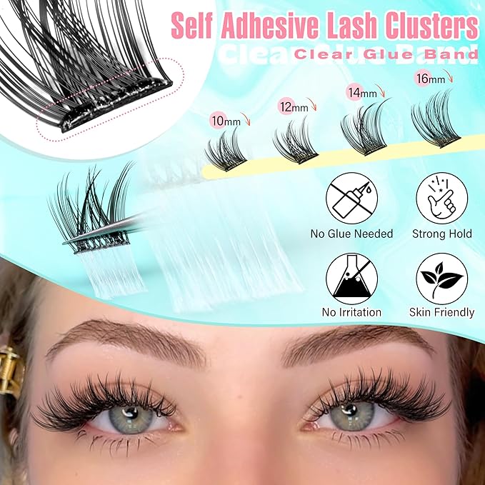 Wispy Self Adhesive Eyelashes Natural Self Adhesive Lash Clusters D-Curly Pre Glued Eyelash Extensions Reusable Wispy Cluster Lashes No Glue Needed Individual Lashes Natural Look 10-16MM by Zegaine
