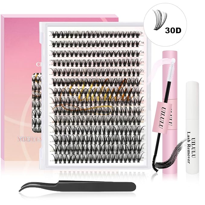 Lash Clusters Kit for DIY Lash Extension at Home, 30D False Eyelashes Set with Bond and Seal, Remover, Tweezers, D Curl Wispy Individual Clusters Eye Lash Extensions Kit (30D DIY Lash Kit)