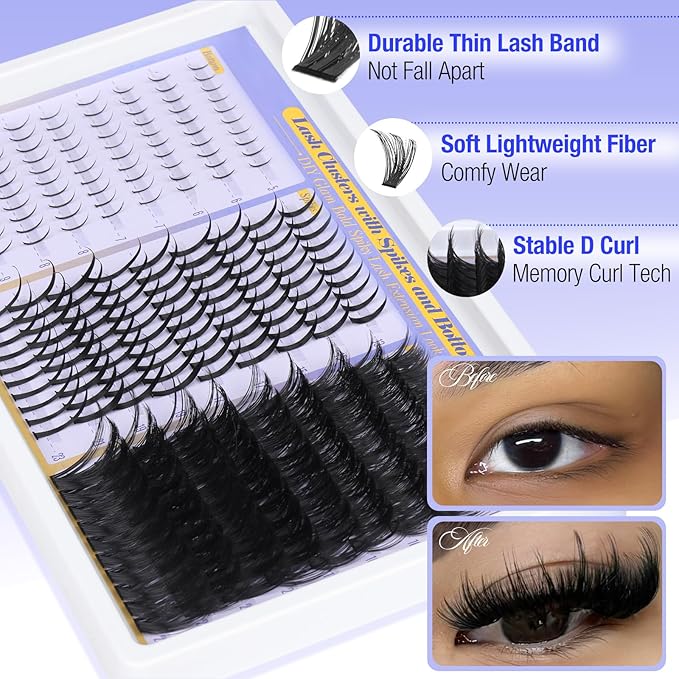 Volume Lash Clusters with Spikes and Bottom Lashes DIY Spiky Lash Extension Wispy Eyelash Clusters 12-25mm with Lash Spikes 13-23mm and 5-9mm Bottom Lashes D Curl Manga Lashes Clusters by Yawamica
