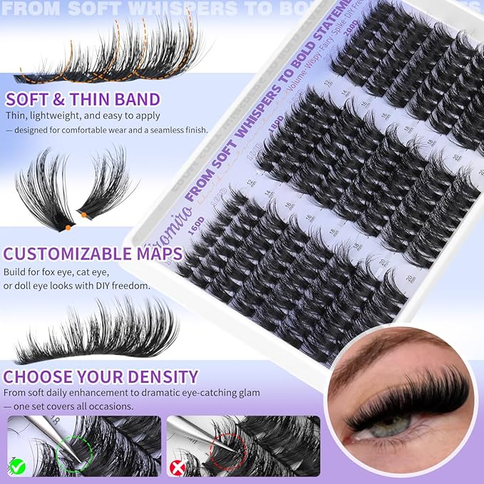Kiromiro Lash Clusters with Spikes Cluster Eyelash Extensions 12-20mm Fluffy Eyelash Clusters 160D/180D/200D Mixed DIY Cluster Lash Extensions 192pcs Wispy Cluster Eyelashes