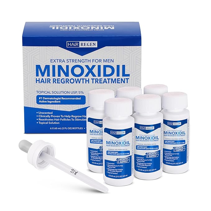 Liquid Minoxidil Men 5% Percent - Extra Strength Advanced Topical Solution for Regrowth Serum Drops - Clinically Proven Growth Treatment for Hims Hair Loss 6 Pack as 6 Months Supply Kit