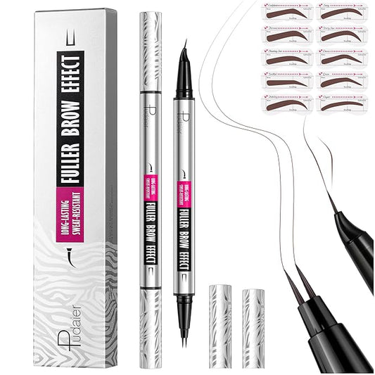 Pudaier 2 Pack 2 Fine Tip Eyebrow Pen, Waterproof Filling Faux Brow Makeup Pencils for Women with Precise Curved Brush-Tip to Fast Create Natural Hair-Like Brows, Last All-Day (Cool Brown)