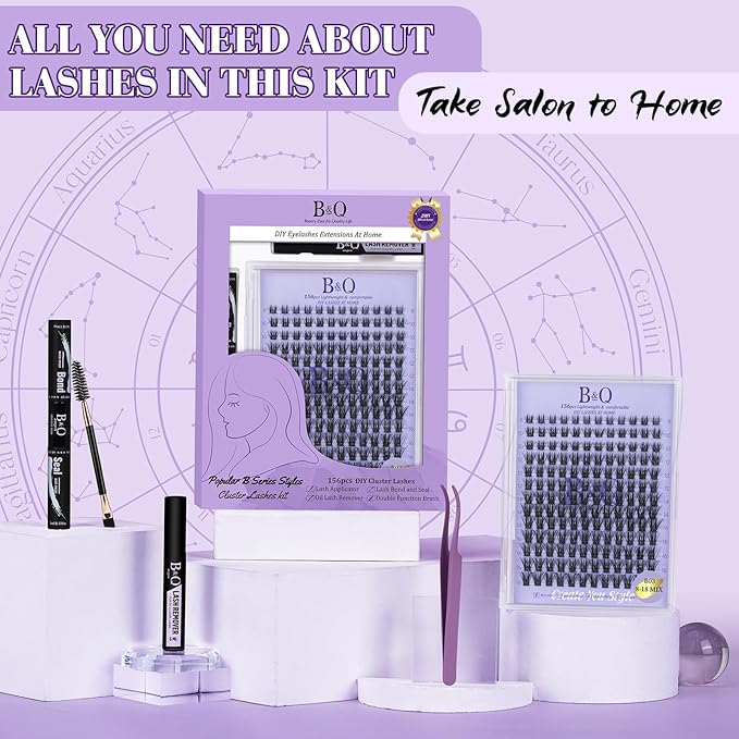 B&Q Wispy Lash Clusters Kit B03, DIY Lash Extension Kit 156PCS Eyelash Extension Kit, Soft Natural Lash Clusters 8-18MIX D Curl Lash cluster, Thin Black Band Cluster Eyelash Extensions (B03 Set)