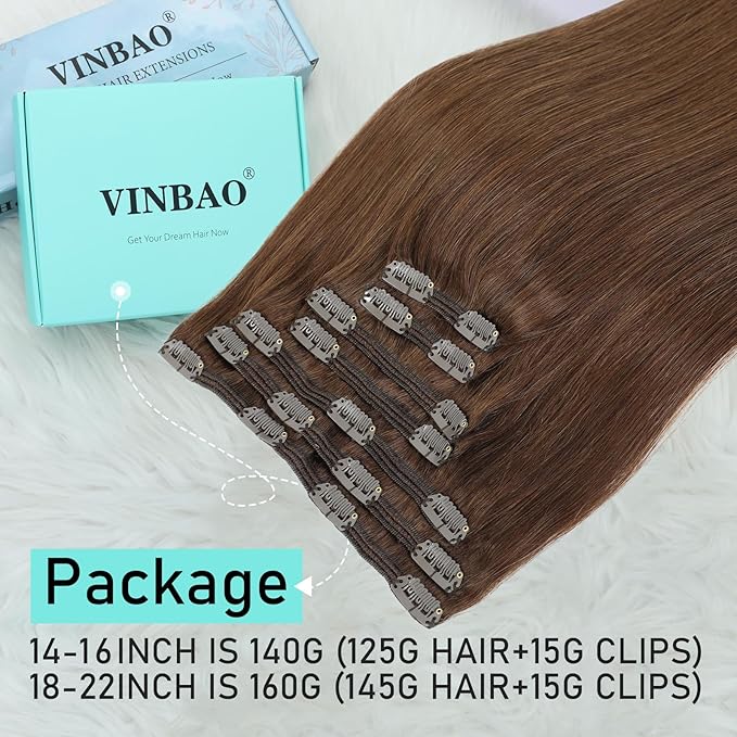 VINBAO Clip in Human Hair Extensions Chocolate Brown Real Human Hair Clip in Hair Extensions For Women 16in 7pcs 140g Dark Brown Full Head Double Weft (#HC4,16'')