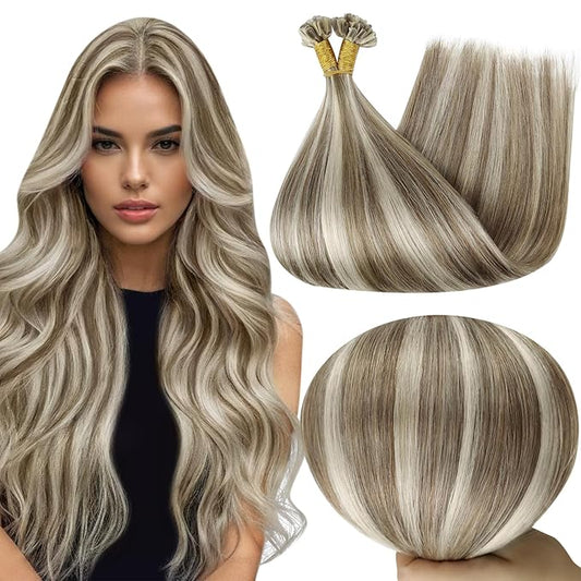 Full Shine Keratin Tip Hair Extensions Real Human Hair Ash Brown Highlight Blonde Utip Human Hair Extensions 20 Inch Long Natural Hair 50 Grams Remy Soft Hair for Women