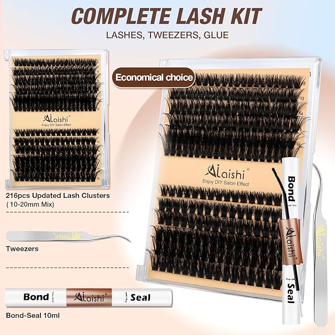 Lash Clusters Kit, DIY Cluster Eyelash Extensions 10‑20mm, 80D+100D, 216pcs Fluffy D Curl Natural Lashes with Bond & Seal,Tweezers–Fake Cat Eye Individual Clusters
