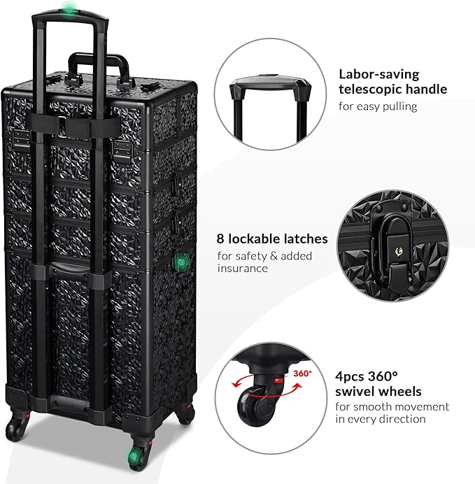 BYOOTIQUE 4in1 Rolling Makeup Train Case on Wheels Large Cosmetic Travel Organizer Eyelash Storage Box for Nail Tech Beauty Salon Manicurist Barbershop,Mermaid Black