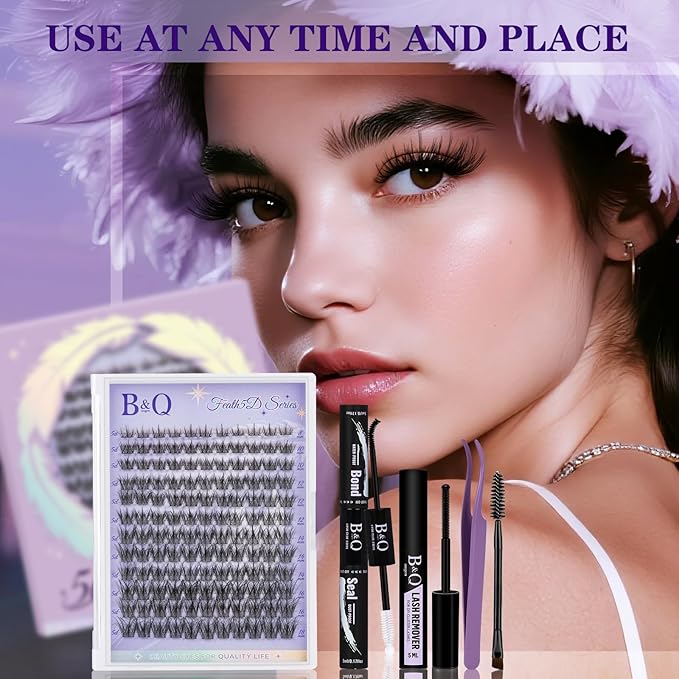 B&Q Lash Clusters Kit 132 pcs 5D Layered Volume Lash Extension Kit 8-18 mm Feathery Soft Lightweight Eyelash Clusters with Waterproof Bond and Seal Eyelash Applicator Remover (Set-Feath5D 07)