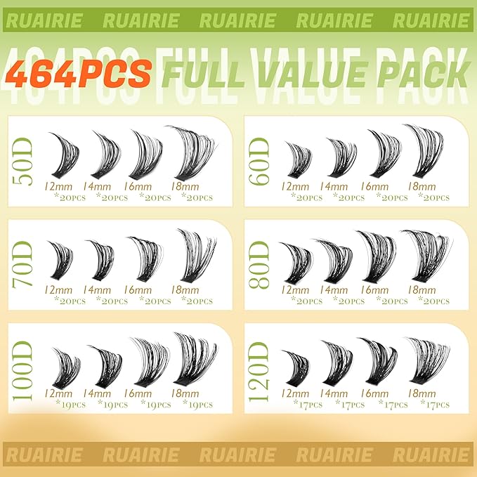 Ruairie Lash Clusters Eyelash Extensions 464pcs Volume Eyelash Clusters 50D/60D/70D/80D/100D/120D Thick Individual Lashes Extension 12-18MM D Curly Cluster Lashes Wispy