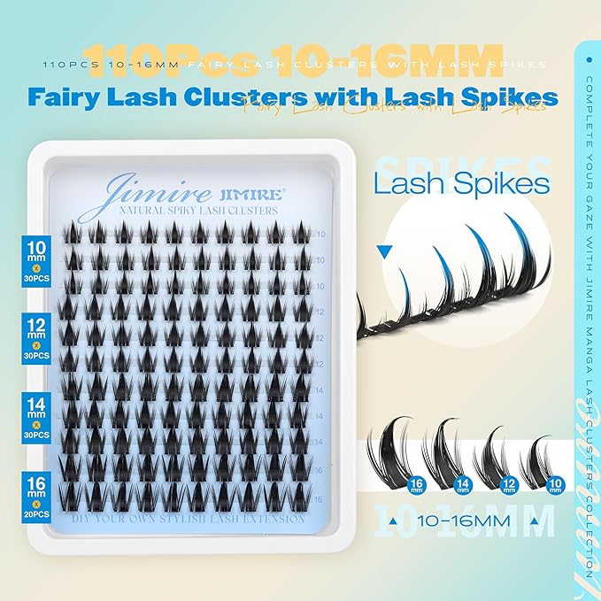 JIMIRE Fairy Lash Clusters Wispy Cluster Eyelash Extensions Manga Eyelash Clusters with Spikes 10-16MM Anime Cluster Lashes C-Curly Individual Lashes 110Pcs DIY Anime Lash Extensions at Home