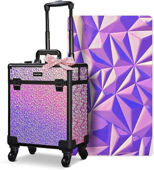 BYOOTIQUE Rolling Cosmetology Case on Wheels Hairdressing Brush Bags Lash Storage Box Cosmetic Organizer for Makeup Artist Beauty Salon Nail Technician Hairstylist,Mermaid Pink