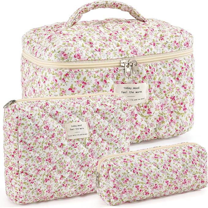 Makeup Bag for Women 3PCS Quilted Cotton Make Up Bag Travel Cosmetic Bag Large Makeup Bag Set Cute Makeups Organizer Floral Toiletry Pouch for Purse, Spring Meadow