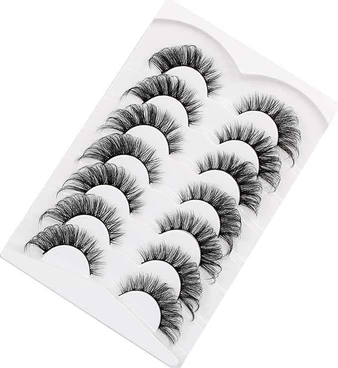 Poolunch False Eyelashes Cat Eye Lashes 8D Volume Wispy Natural Crossed Fake Eyelashes Faux Mink Lashes Strips 7 Pairs Pack