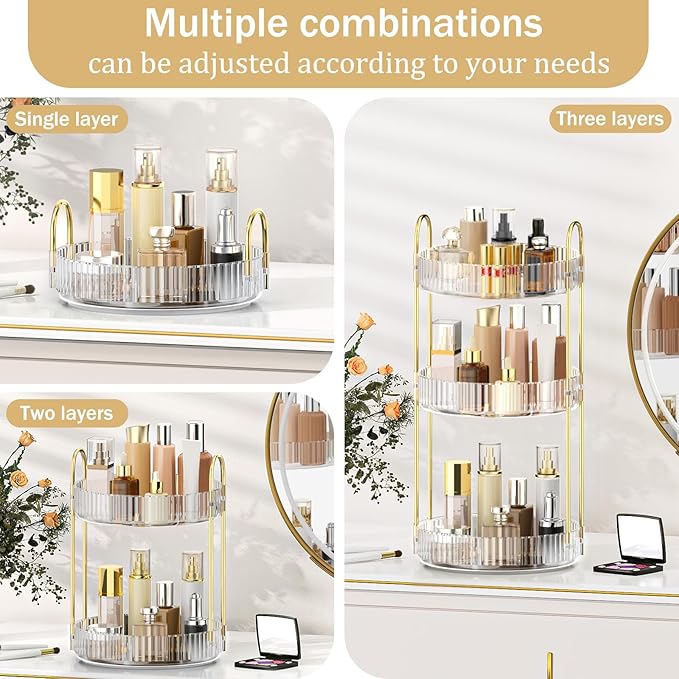 MOKANI 360 Rotating Makeup Organizer for Vanity, 3 Tier Adjustable Perfume Organizer for Dresser, Multi-Function Spinning Cosmetics Skincare Storage for Bedroom, Dresser, Countertop, Clear