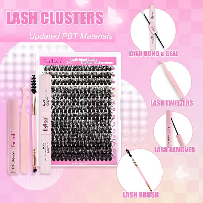 FADLASH DIY Lash Extension Kit Individual Lashes Cluster D Curl Eyelash Extension Kit D Curl Lash Clusters Lash Applicator Tool for Self Application at Home(KIT 80D-D-12-18mm)