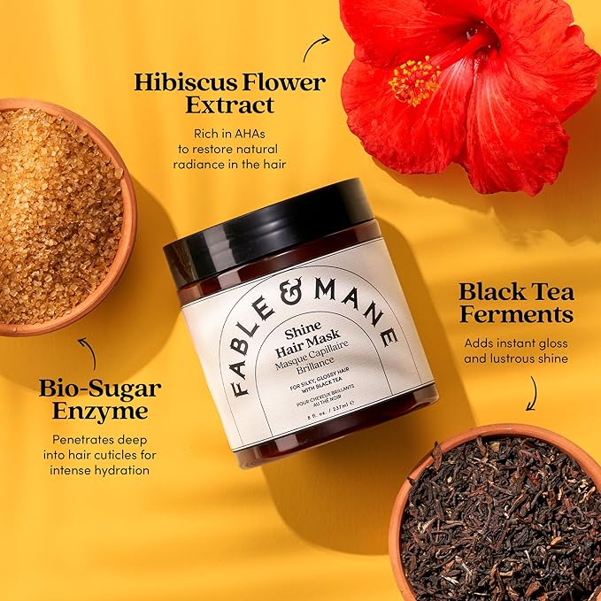 Fable & Mane Shine Hair Mask, Boosts Shine, Tames Frizz and Enhances Colour with Black Tea. 3-Minute, Chai-scented, Hair Gloss Treatment