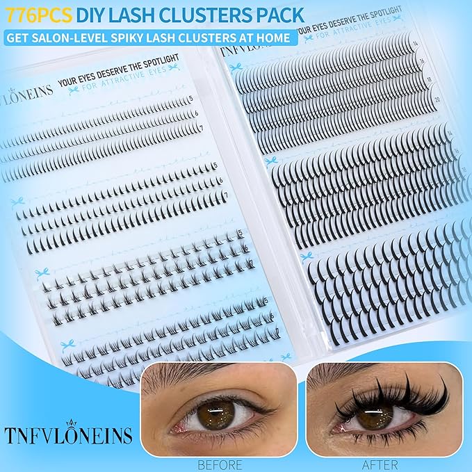 TNFVLONEINS Lash Clusters with Spikes Bottom Eyelash Clusters 776PCS Wispy Clusters Eyelash Extensions Manga Individual Lashes Natural Lash Extension DIY Cluster Lashes Pack