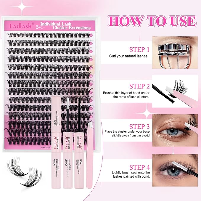 FADLASH Lash Clusters Kit Individual Eyelash Clusters D Curl 40D 8-16mm Eyelash Extension Kit 280Pcs Lash Extensions with Lash Bond and Seal Lash Tweezer for Self Application (40D-0.07D-8-16mm KIT)