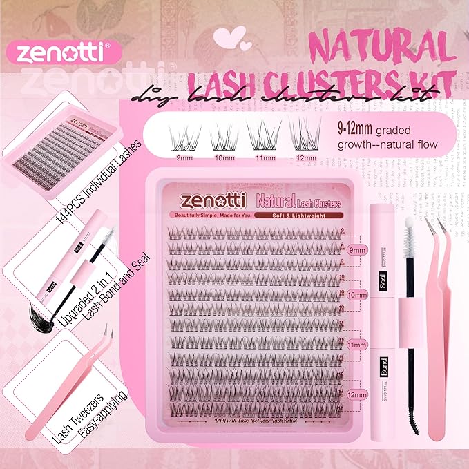 Natural Lash Clusters Kit Wispy Eyelash Clusters Kit Natural Lash Extension Kit C-Curly Individual Lashes Short Eyelash Extensions with Lash Bond and Seal and Eyelash Tweezers 9-12MM 144PCS by zenotti
