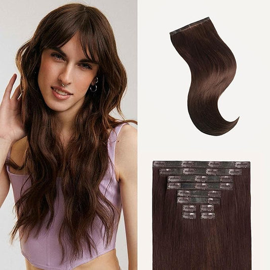 Luxy 100% Remy Human Hair - Seamless Clip-In Hair Extensions - Multi-Dimensional Color for Natural Blending, Adds Volume & Length 50 grams 12" Chocolate Brown Seamless
