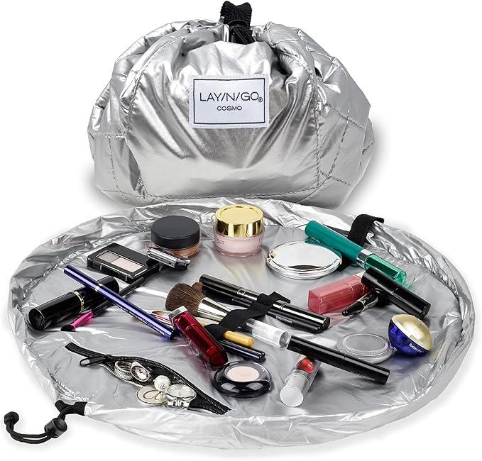 Lay-n-Go Cosmo Layflat Drawstring Cosmetic & Makeup Bag Organizer - Portable Drawstring Makeup Bag w/Zipper Pocket, Makeup Loops & More -Durable, Machine Washable Toiletry Bag (20", Metallic Silver)
