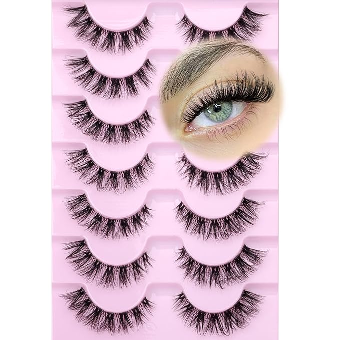 False Eyelashes Clear Band Natural Look Faux Mink Lashes Wispy Cat Eye Lashes Soft Eyelashes Lightweight Handmade 8 Pairs Pack Eyelashes