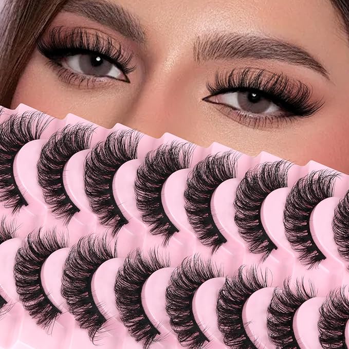 Ahrikiss Lashes Russian Strip Lashes That Look Like Extensions D Curl Fluffy False Eyelashes 10 Pairs 3D Volume Fake Lashes Wispy Faux Mink Lashes Natural Look (D17)