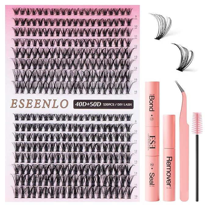 320pcs Lash Clusters 9-16mm 40D 50D Eyelash Extension Kit, Individual Lashes Kit with Bond and Seal, Lash Tweezers