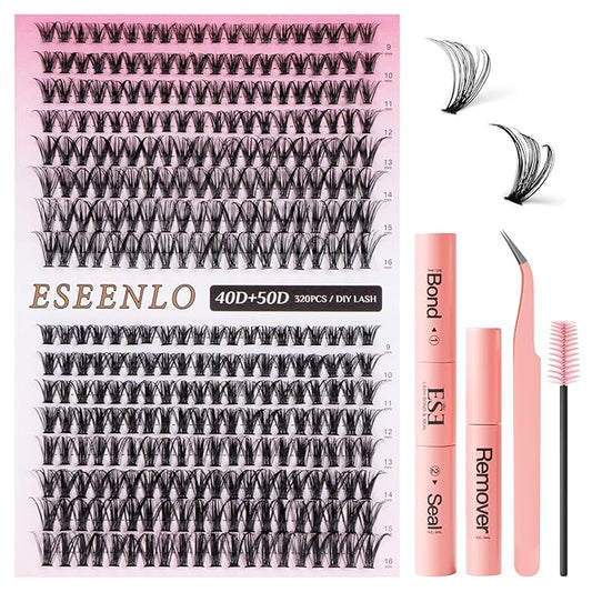 320pcs Lash Clusters 9-16mm 40D 50D Eyelash Extension Kit, Individual Lashes Kit with Bond and Seal, Lash Tweezers