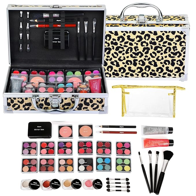 Anpro All-In-One Makeup Kit with Carry Case, Pro Teen Makeup Set, Full Starter Cosmetics Kit with Makeup Brushes, Lipsticks, Eye Shadows Palette, Blushes, Glitter Gel-Yellow Leopard