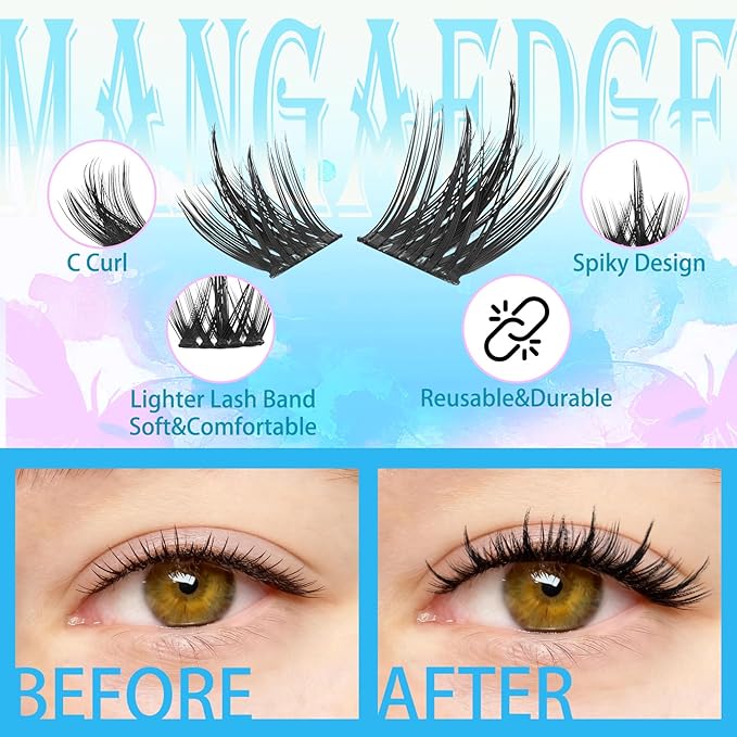 Manga Lash Clusters Spike Eyelash Clusters 10-14mm C Curl Lashes Clusters Wispy Individual Fluffy Lashes Clusters DIY Look Like Eyelash Extension (Mangaedge)