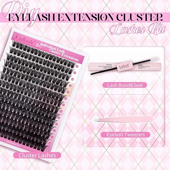 FADLASH DIY Lash Extension Kit Individual Lashes Cluster D Curl Eyelash Extension Kit with Lash Bond and Seal and Lash Applicator Tool for Self Application at Home (80D-0.07D-12-18MIX KIT)