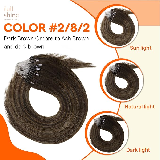 Full Shine Micro Bead Hair Extensions Real Human Hair Color 2 Dark Brown Fading to 8 Ash Brown Mixed 2 Brown 14 Inch 50 Grams Micro Loop Hair Extensions Human Hair for Women