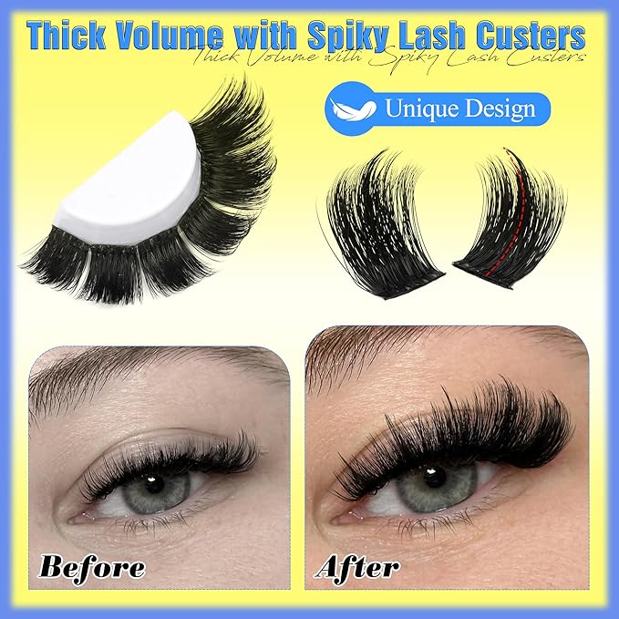 ALICE Lash Clusters Kit - 200D Russian Thick Eyelash Clusters Kit (Wispy & Spiky) - Lash Extension Kit with Lash Bond and Seal, Tweezers, Reusable Eyelash Clusters for Dramatic Volume Makeup
