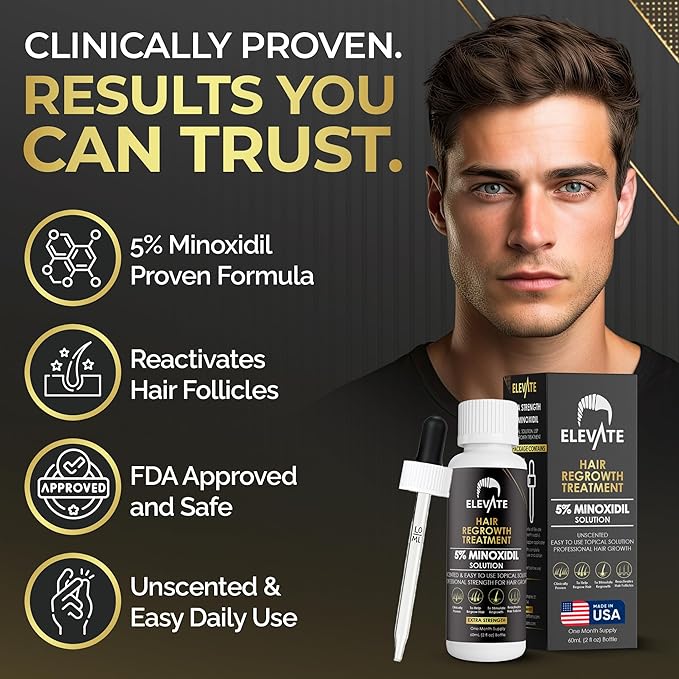 Elevate Hair Regrowth Treatment 5% Minoxidil Solution for Hair Growth - Extra Strength Topical Hair Growth Serum for Thicker, Fuller Hair 2 Fl Oz Made in USA